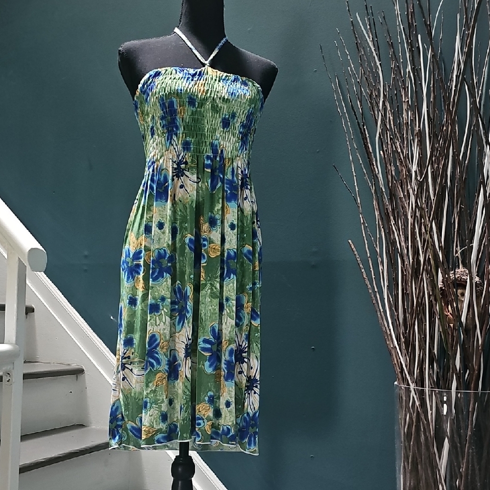 Vibrant Strapless Floral Dress - Blue and Green